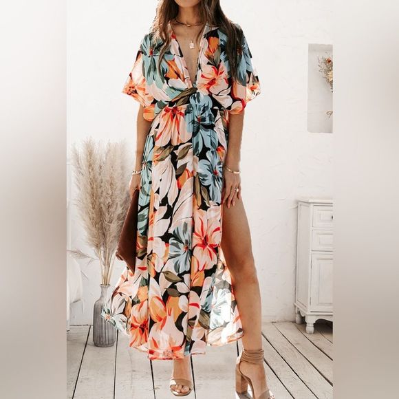 Orange Plunge Split Printed Short Sleeve Dress - Picture 5 of 7